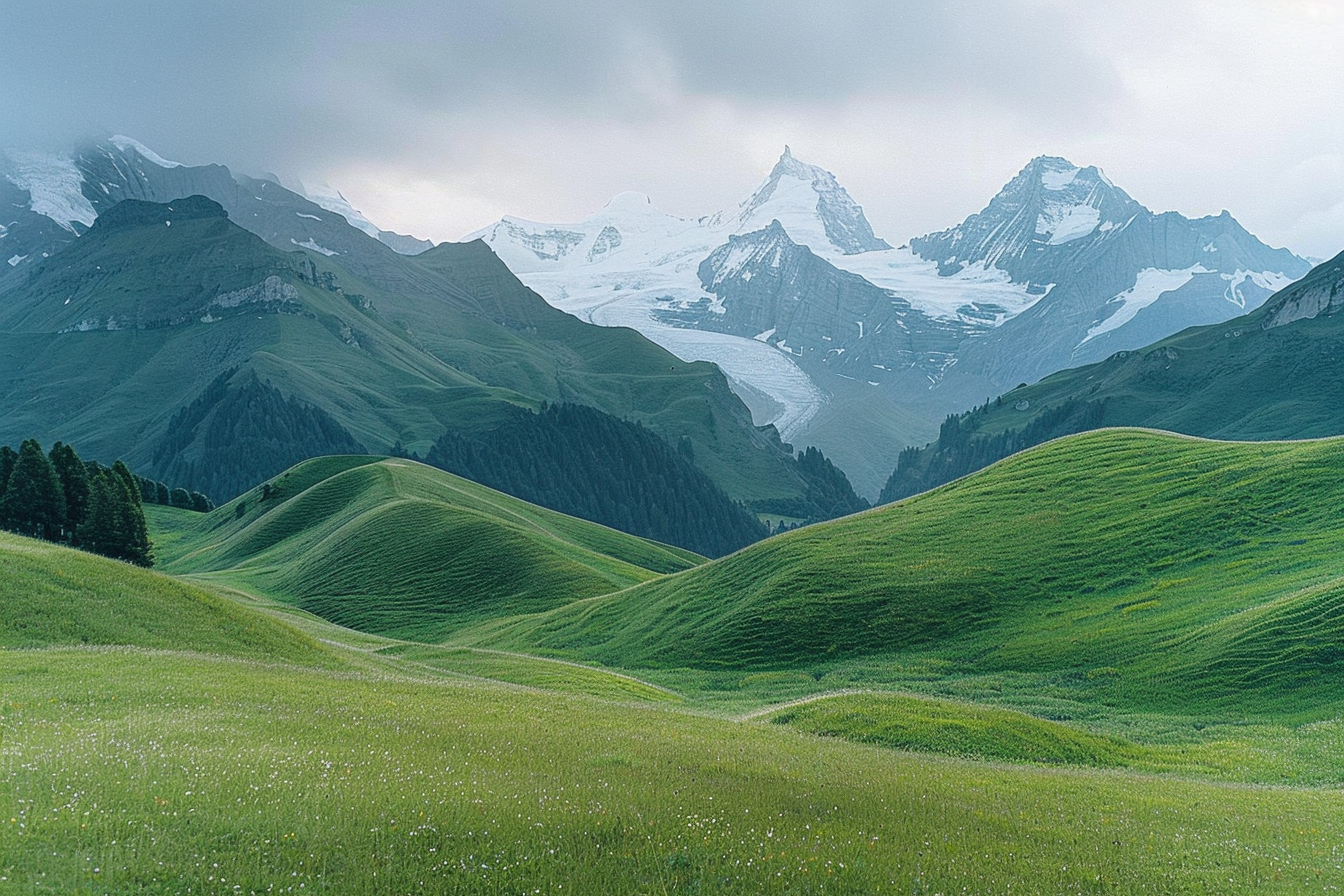 Rolling green Swiss alpine hills with distant glacier peaks under a soft cloudy sky