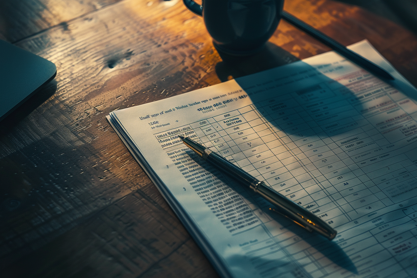 Overhead flat-lay of financial spreadsheets and a fountain pen at golden hour