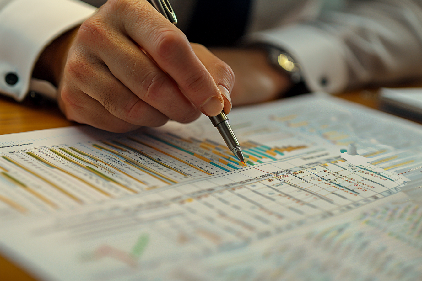 Close-up of an analyst marking up colorful financial charts with a pen