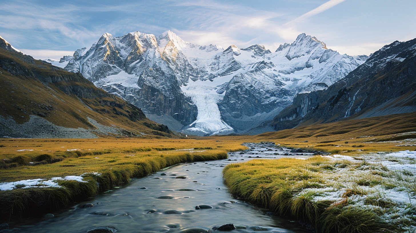 Swiss alpine valley with glacier, snow peaks and a stream at golden hour