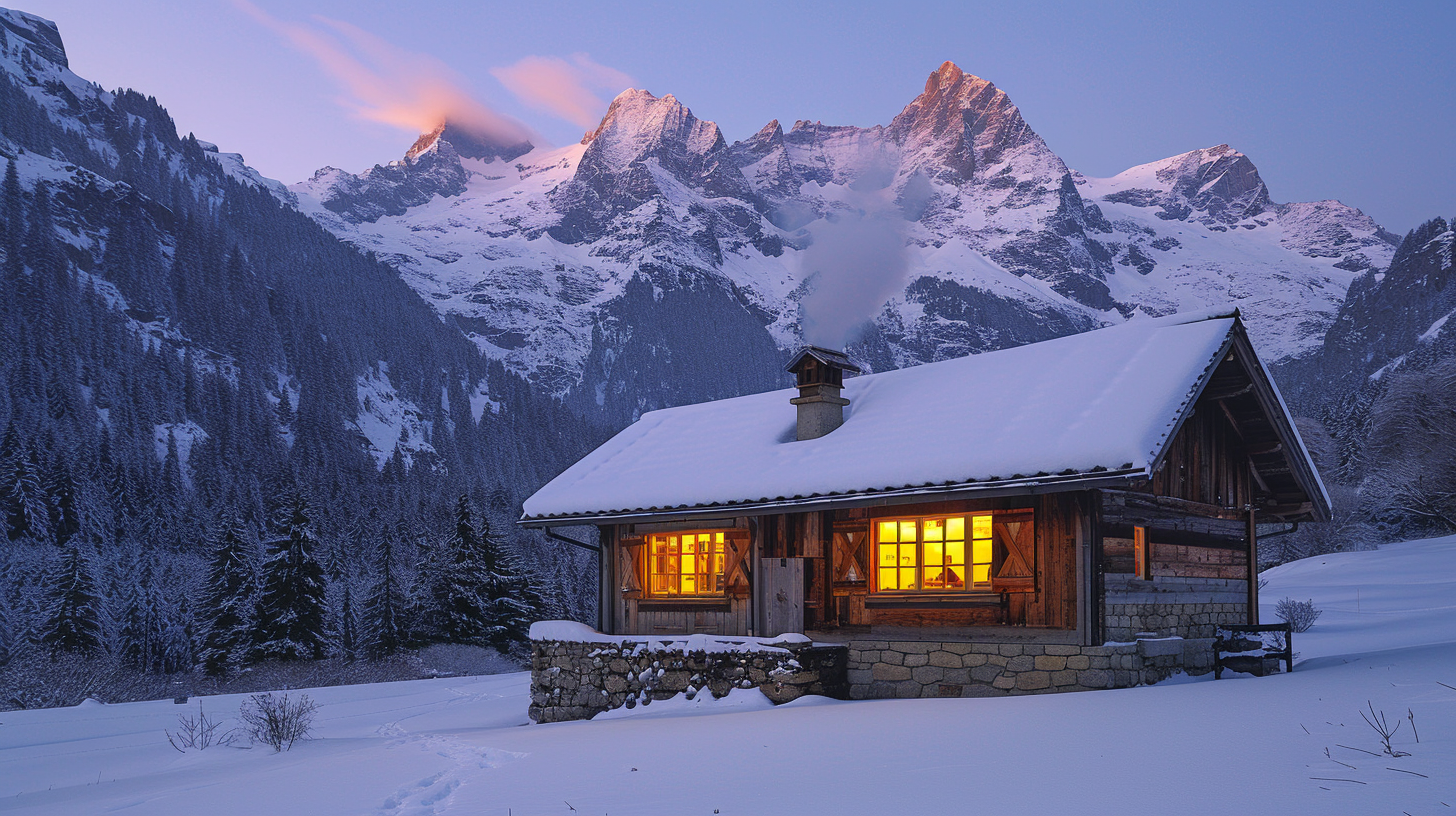 Alpine bakery premises at dusk with warm lit windows and snow peaks