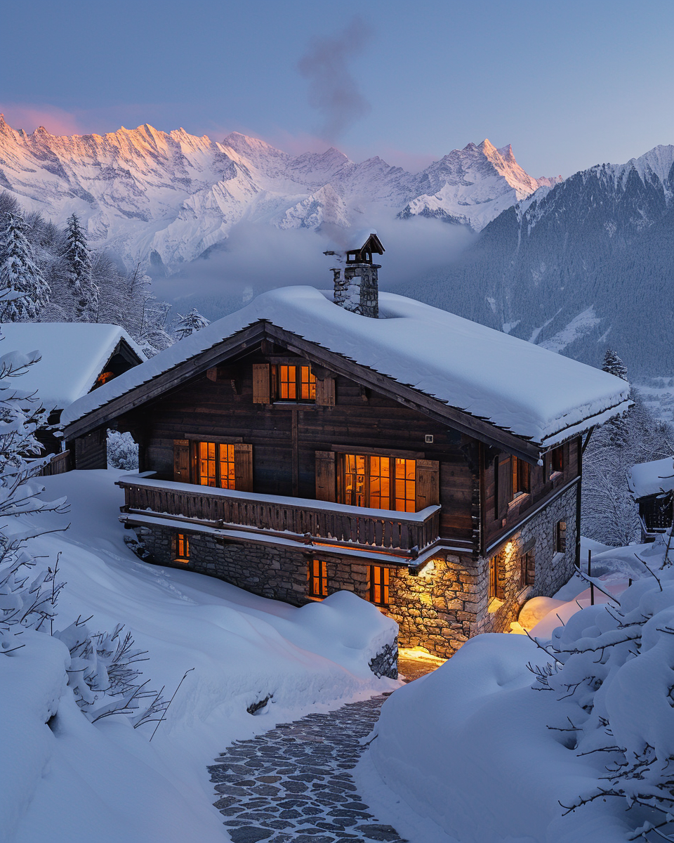 Snow-covered Swiss residence at dusk with warm lit windows and alpine peaks
