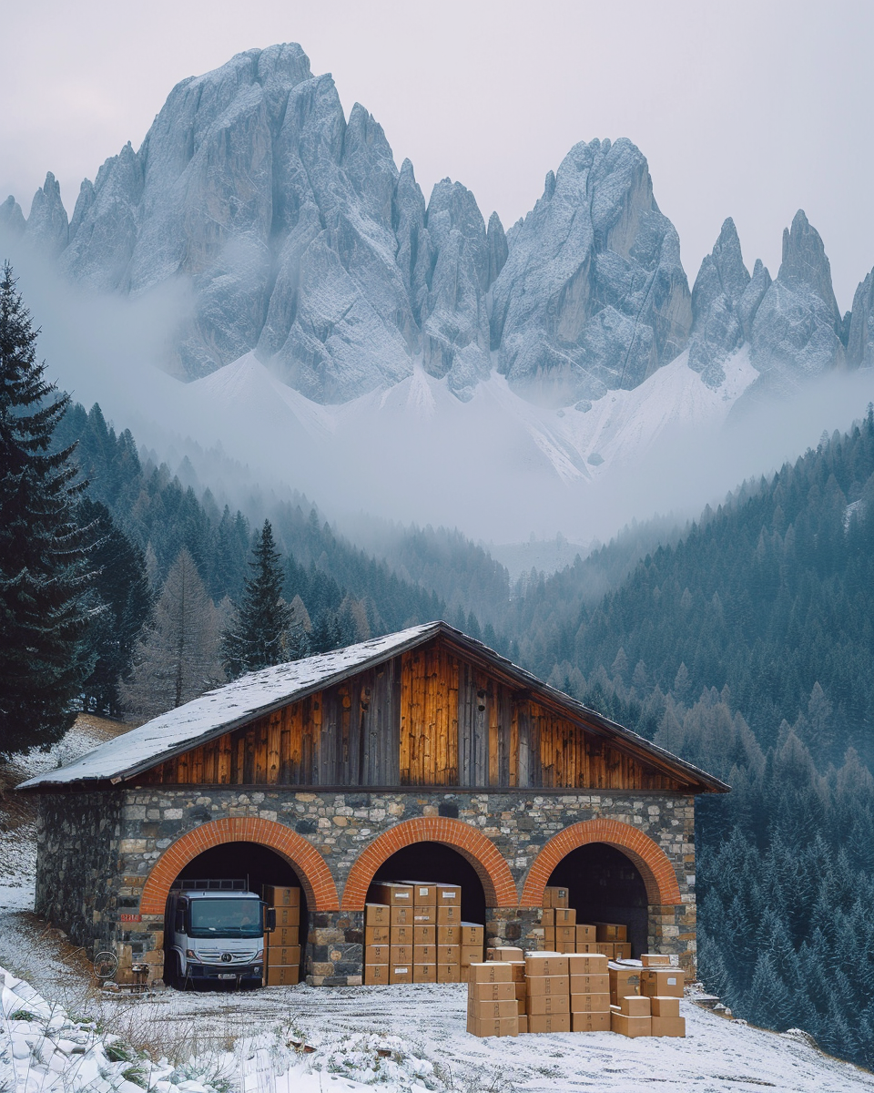 Stone warehouse with arched bays and cargo, alpine peaks behind